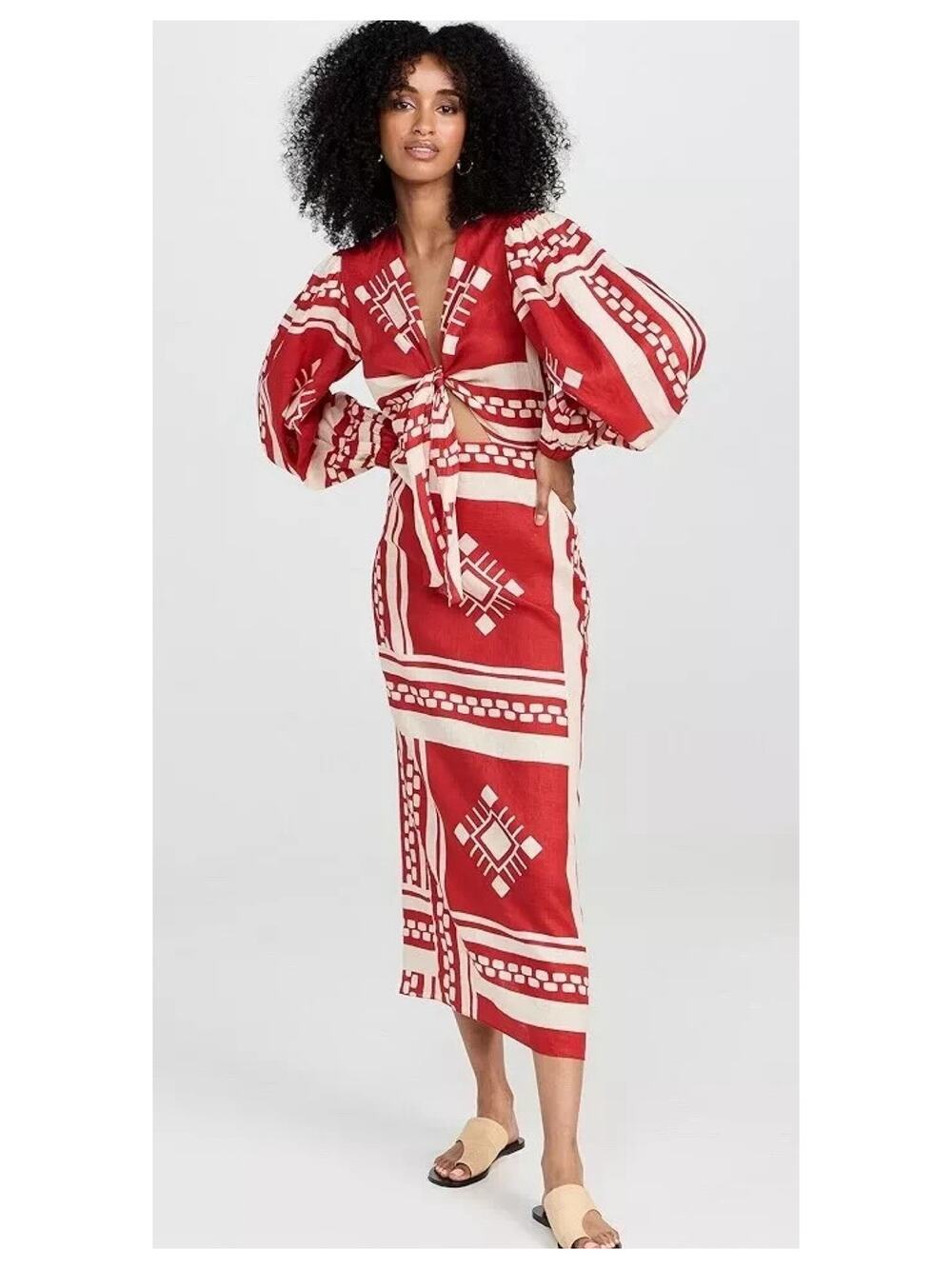 Caroline Constas Red Linen Blend Sun Goddess Tie Front Midi Dress Sz.S NWT
